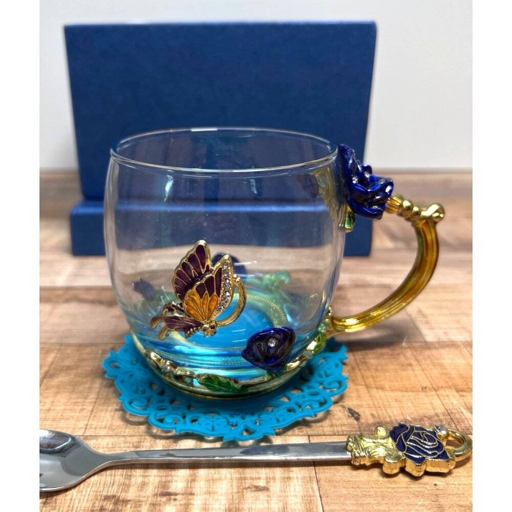 Handcrafted Glass Tea Cup With Golden Handle & Butterfly Design Gift Set